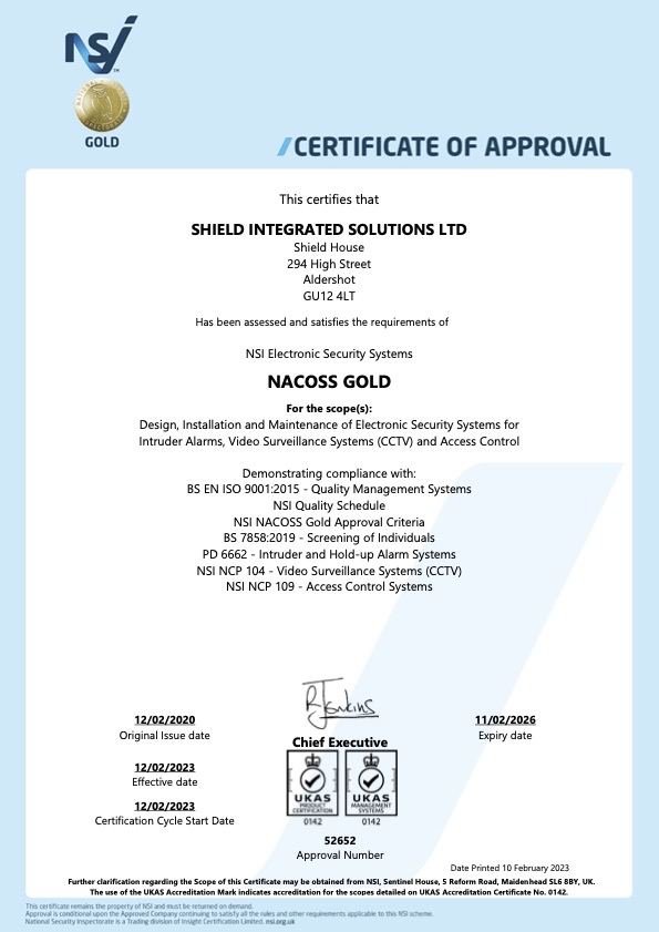 Shield Integrated Solutions Ltd (Aldershot) - 52652 - NACOSS Gold Cert